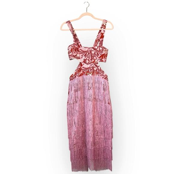 ANTHROPOLOGIE Celandine Linen Fringe Column Midi Dress Pink Size XS - Picture 3 of 10